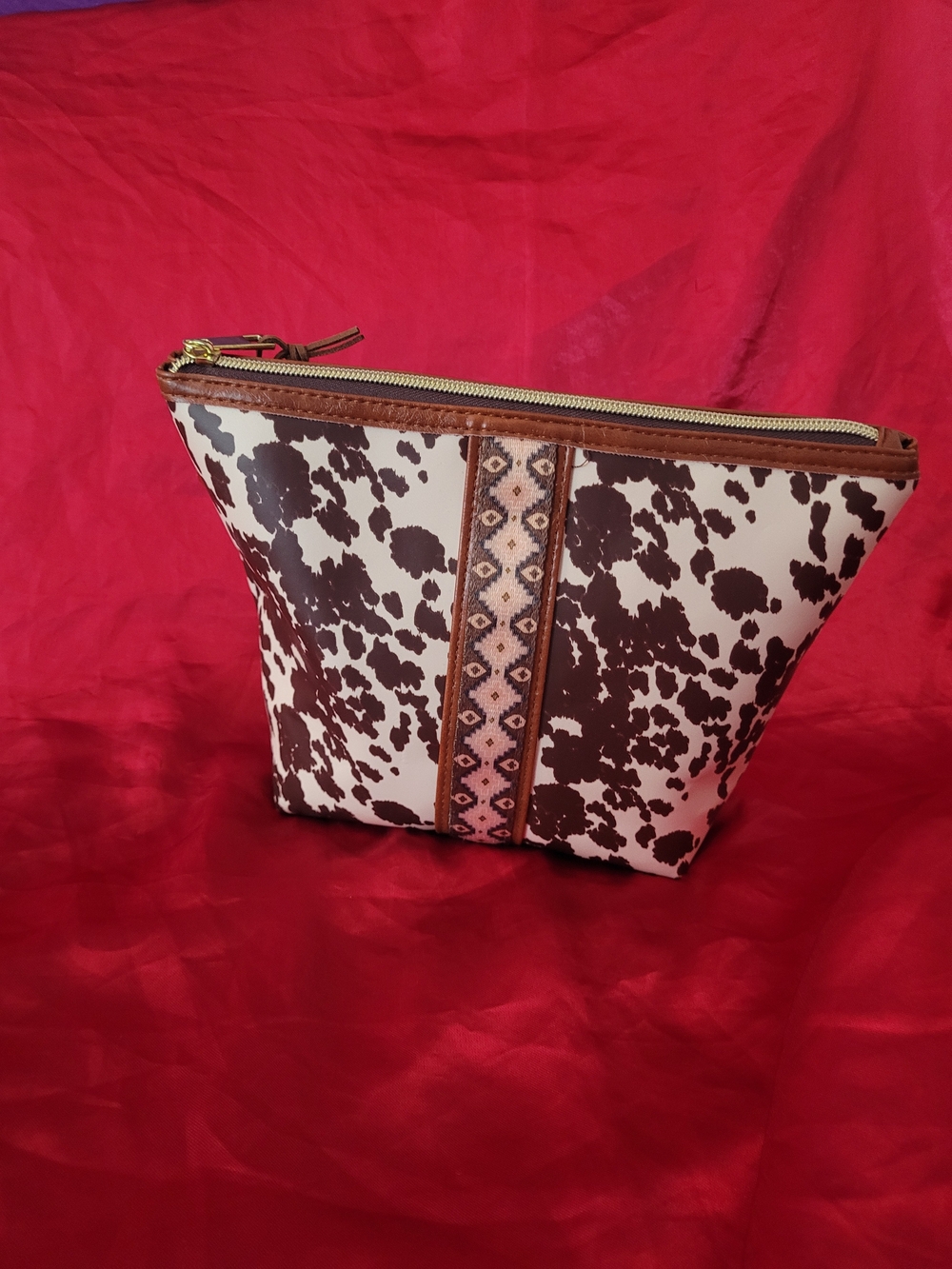 Cowhide-Print Cosmetic Pouch with Woven Accent in Brown and White